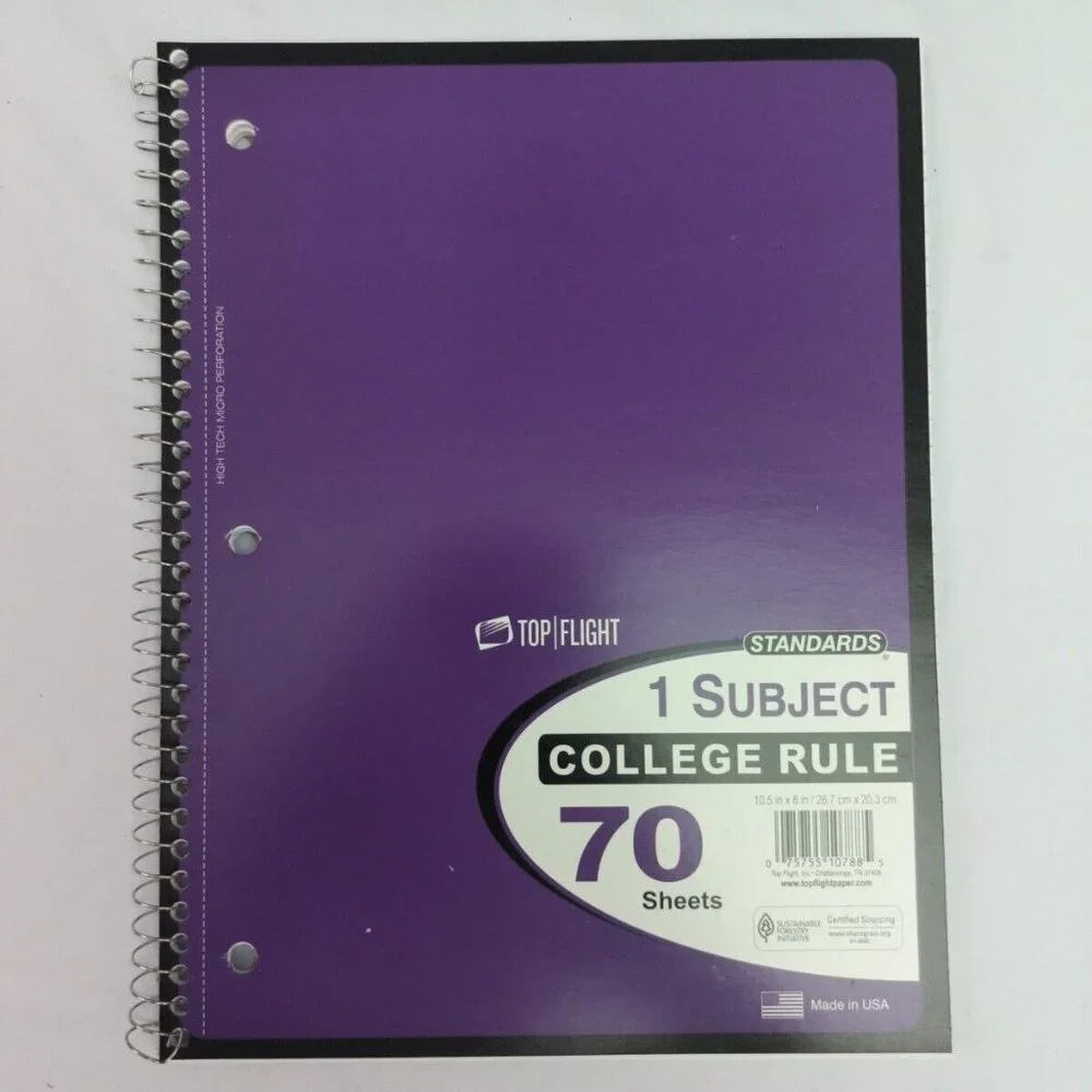 5 Pack Top Flight Spiral Notebook COLLEGE 1 Subject 70 Sheets Assorted Colors